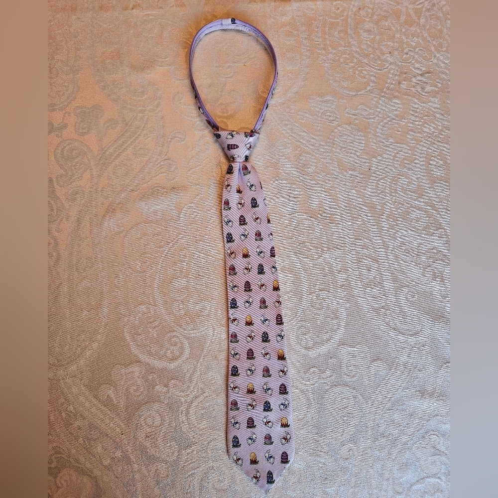 Vintage Club Room Kids Mauve Easter Bunny Eggs Spring Zip Tie 100% Silk RARE
